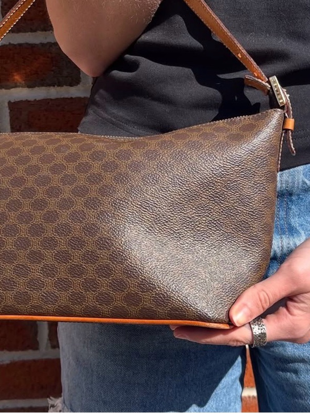 Celine Brown Monogram Shoulder Bag with Tan Trim